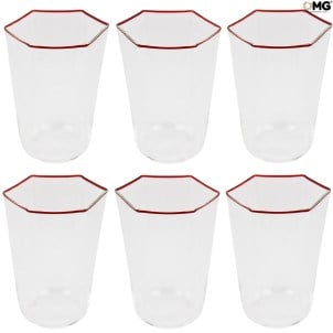 6er Set Trinkgläser - roter Rand - achteckig - Original Murano Glas