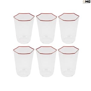 6er Set Trinkgläser Shot - Roter Rand - Achteckig - Original Murano Glas