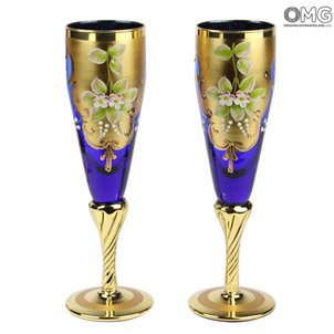 2er Set Trefuochi Brille Flöte Blau - You & Me - Original Murano Glas brill_tre_fuochi_blu_flute_1