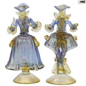 Sculpture Couple Goldoni or - Bleu - Figurines Vénitiennes Dame et Cavalier or 24kt