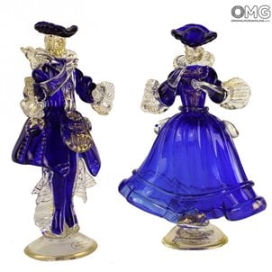 Couple Goldoni Venetian Figurines Deep blue - gold 24kt decoration
