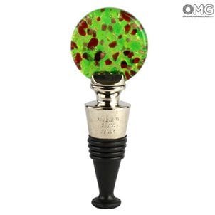 Tappo per bottiglia tondo verde con argento in vetro di Murano originale OMG® + Scatola
