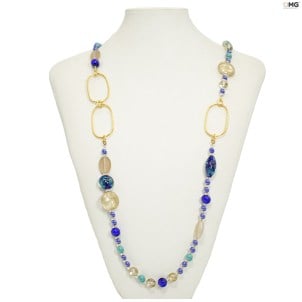 Lange Halskette Lipsia - blaue Perlen und Gold - Original Muranoglas OMG