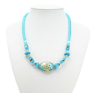 collar de tupis murrine azul claro y dorado, cristal de murano original, omg