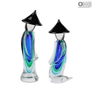 Chinese Couple Blue Sommerso Murano Glass