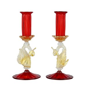 Набор из 2 классических венецианских красных подсвечников - муранское стекло