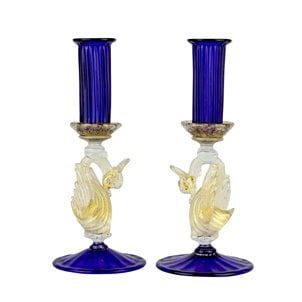 Set of 2 Classic Venetian Blue Candle Holders - Murano Glass