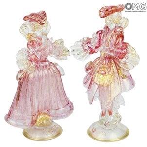 Escultura de casal Goldoni rosa - Estatuetas venezianas Lady e Rider ouro 24kt