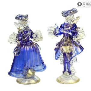 Figure goldoniane - blu - Coppia Dama e Cavaliere in vetro di Murano