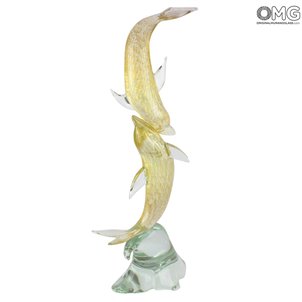 Escultura de Golfinhos Duplos - Vidro de Murano Original
