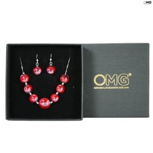 Parure Pearls  Red L - with Silver 925 - Original Murano Glass OMG