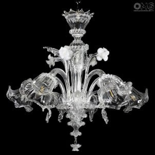 Venetian Chandelier - Gemma -Crystal with white flowers - Classique - Murano Glass Venetian Chandelier - Gemma -Crystal with white flowers - Classique - Murano Glass