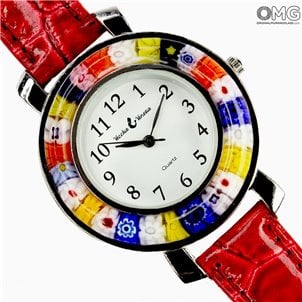 ساعة للجنسين - أحمر وميليفيوري - زجاج مورانو الأصلي OMG