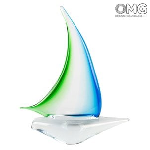 セイルボート-グリーンとシアン-オリジナルのムラーノグラスOMG