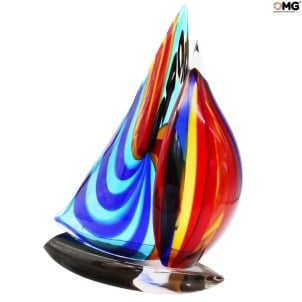 帆船 - 藍色和紅色 - 雕塑 - Murano Glass