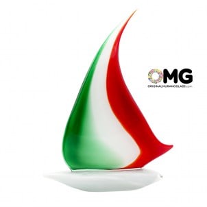 帆船イタリア国旗-オリジナルのムラーノグラスの彫刻