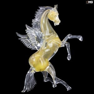 オリジナルのムラーノグラスOmgのゴールドペガサス翼のある馬の彫刻