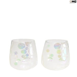 Set of 2 Drinking glasses - shot - white & iridescent bubbles - Original Murano Glass - OMG