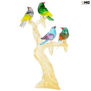 عصافير رائعة على الشجرة - ذهب عيار 24 - زجاج مورانو الأصلي OMG