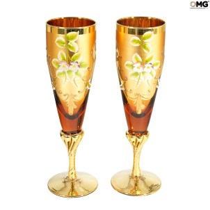 Set of 2 Trefuochi Glasses Flute amber - Original Murano Glass OMG