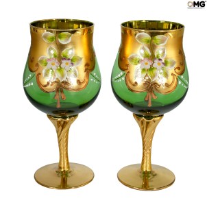 مجموعة من 2 أكواب تريفوتشي خضراء - زجاج مورانو الأصلي OMG