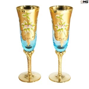 Set of 2 Trefuochi Glasses Flute light Blue - Original Murano Glass OMG