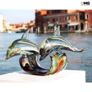 two_dolphins_on_base_sculpture_chalcedony_original_murano_glass_omg_venetian