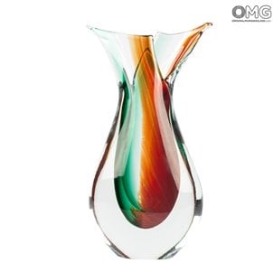 花瓶の魚-赤と緑のSommerso-オリジナルのムラーノグラスOMG