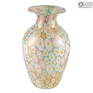 花瓶Millefiori炫彩黃白色-Origianl Murano玻璃