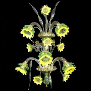 Wandlampe Venezianische Sonnenblumen mit Spatzen - Original Muranoglas