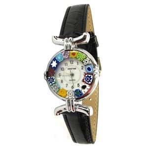 Relógio de pulso Millefiori - caixa de metal cromado com pulseira preta - Vidro de Murano original OMG