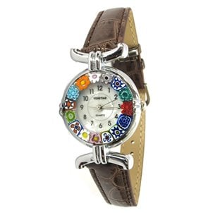 Reloj de pulsera Millefiori - correa marrón chocolate caja de metal cromado - cristal de Murano