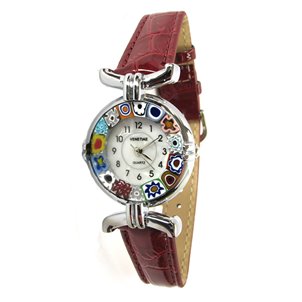 腕時計ミルフィオリ-ボルドーストラップメタルクロームケース-オリジナルムラーノガラスOMG