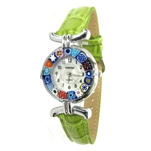 Reloj de pulsera Millefiori - Caja de metal cromado con correa verde - Cristal de Murano original OMG