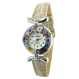 Reloj de pulsera Millefiori - Caja de metal cromado con correa gris - Cristal de Murano original OMG