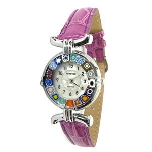 Relógio de pulso Millefiori - caixa de metal cromado com pulseira violeta - Vidro de Murano original OMG