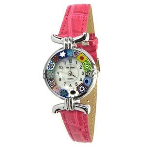 ساعة اليد Millefiori - حزام فوشيا وعلبة من الكروم - زجاج مورانو الأصلي OMG