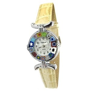 Relógio de pulso Millefiori - pulseira de marfim e caixa cromada - Vidro de Murano original OMG