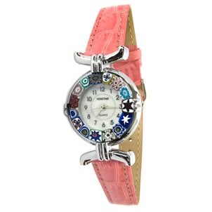ساعة اليد Millefiori - حزام وردي وعلبة من الكروم - زجاج مورانو الأصلي OMG