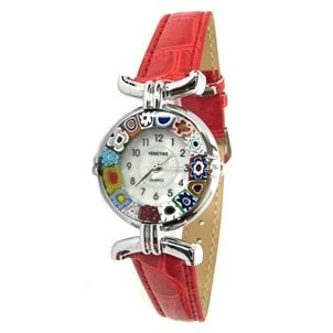 Relógio de pulso Millefiori - caixa cromada com pulseira vermelha - Vidro de Murano original OMG