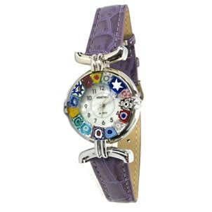 Relógio de pulso Millefiori - bracelete violeta escuro e caixa cromada - Vidro de Murano original omg