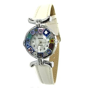 腕時計ミルフィオリ-ホワイトストラップとクロームケース-オリジナルムラーノガラスOMG