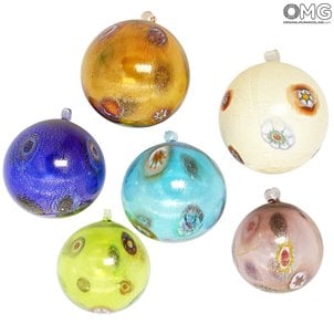 Set of 6 Christmas Ball - Millefiori Fantasy with Gold - Murano Glass Xmas