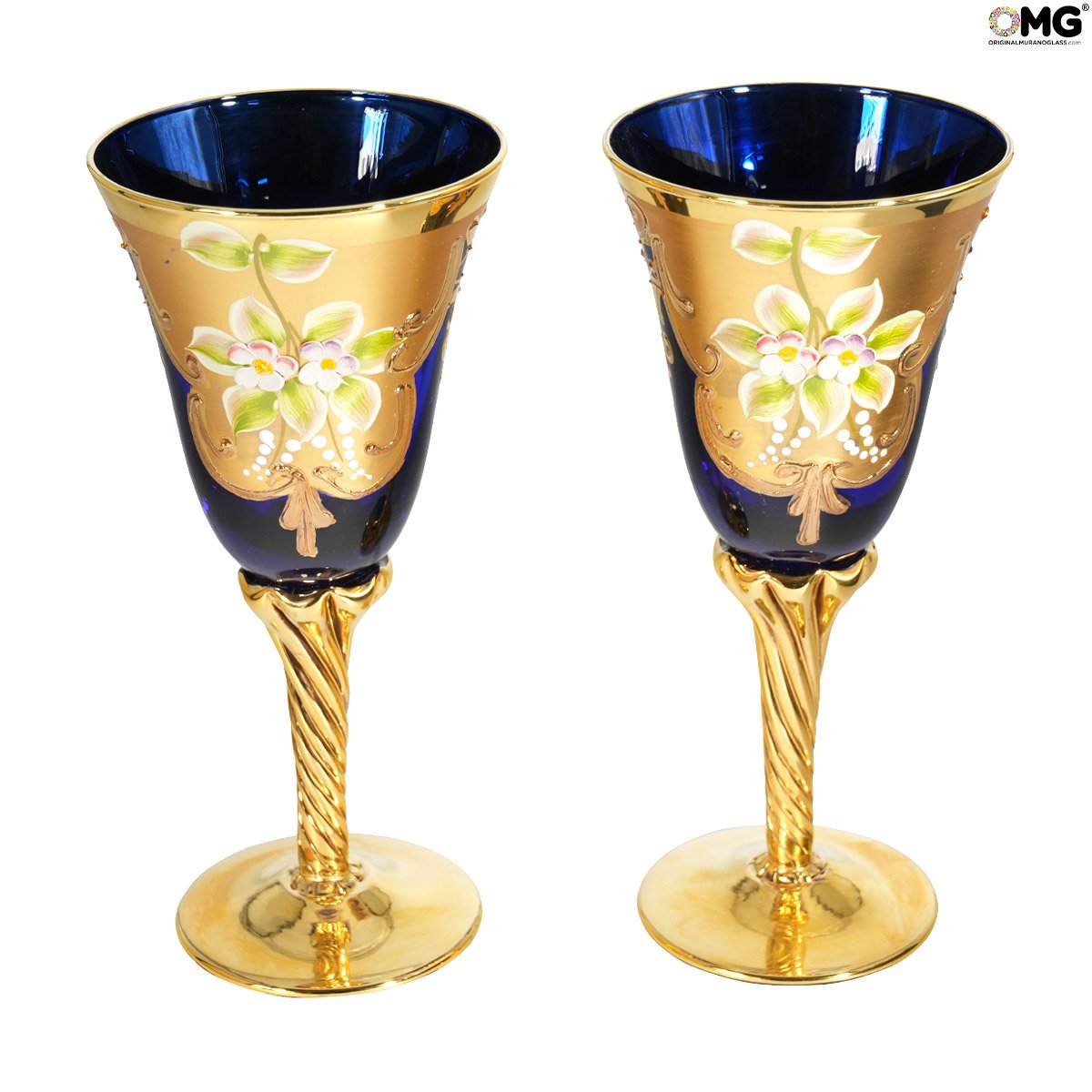 Bicchieri da Vino e Flute Collezione: Set di 2 bicchieri Tre fuochi blu -  flute - vetro di Murano originale