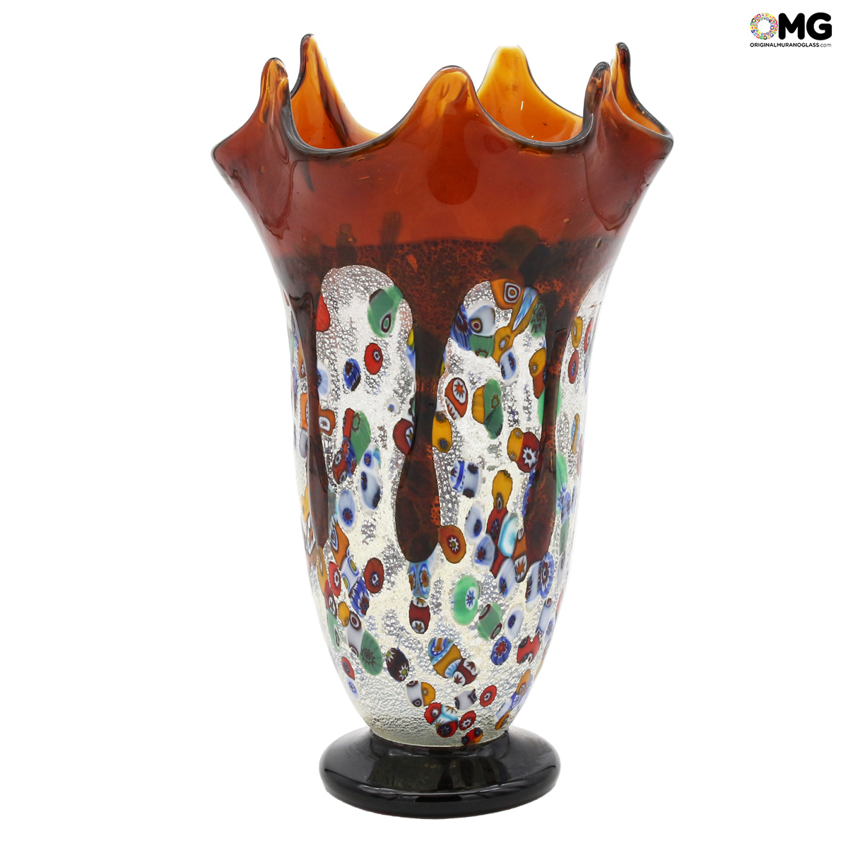 Geranium Amber Vase Murano Glass Millefiori And Silver