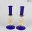 Set of 2 Classic Venetian Blue Candle Holders - Murano Glass