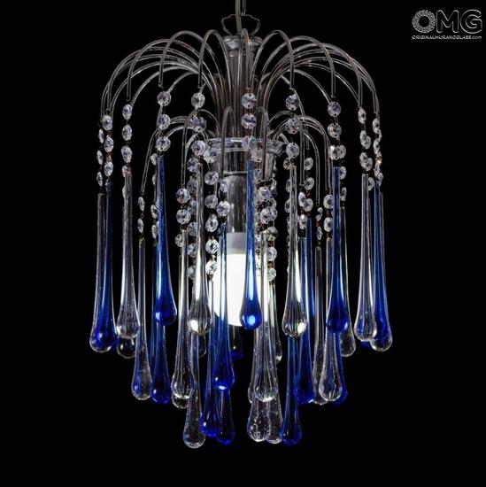 Drop Chandelier In Blue Clear Glass Original Murano Glass Omg
