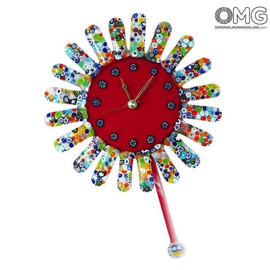 Sunflower Pendulum Wall Clock Murano Glass Millefiori - Glass Wall Clock With Pendulum Sunflower Pendulum Wall Clock Murano Glass Millefiori - Glass Wall Clock With Pendulum