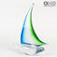 Sail Boat - Green and Cyan - Original Murano Glass OMG